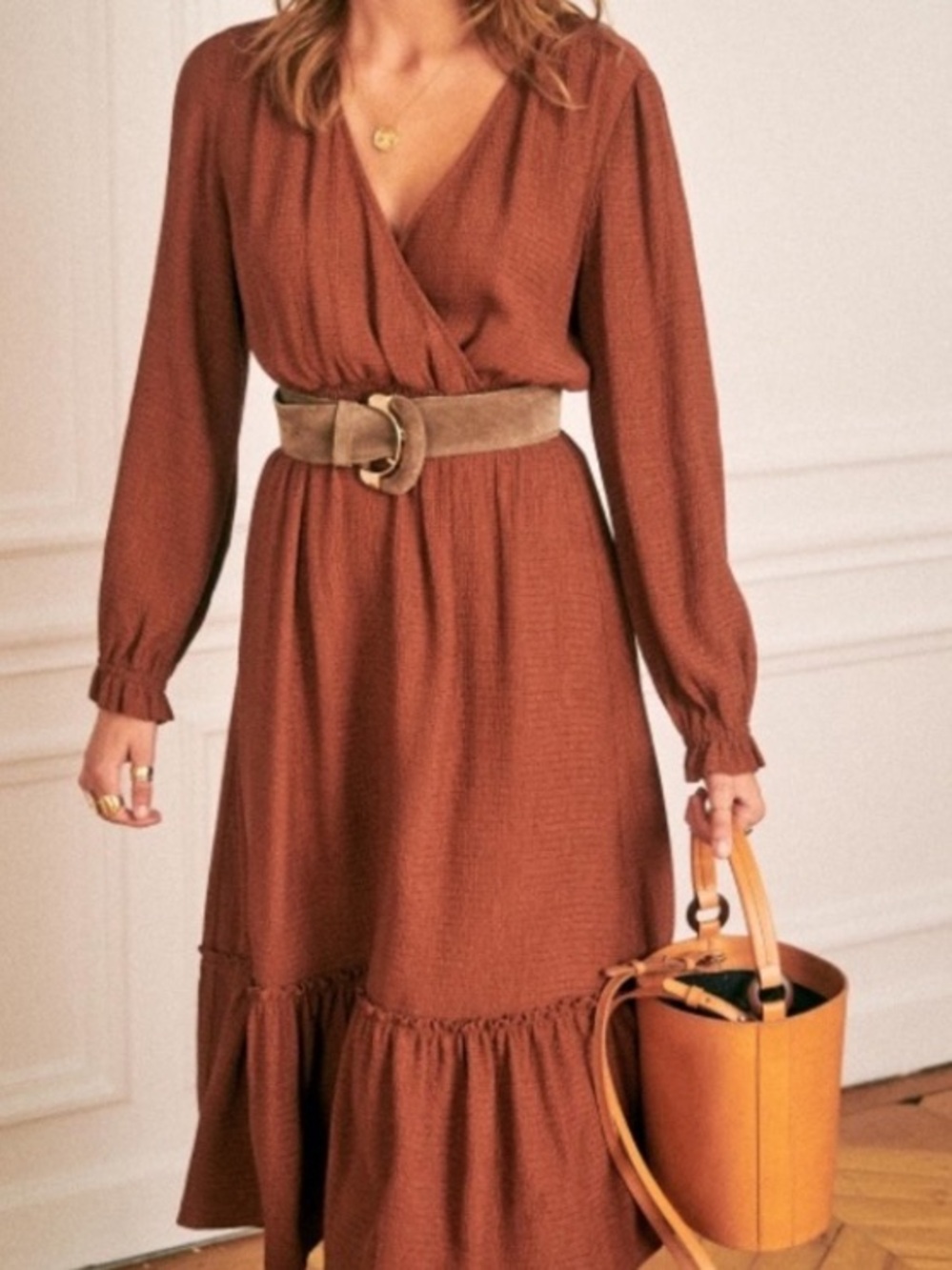 Sezane Titiane Dress Rust Brown Surplice Midi Autumn 38 6